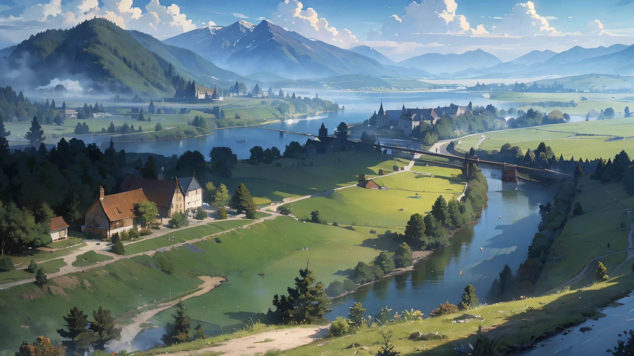 A medieval fantasy road along the river, where horse-drawn carriages and travelers come and go, a vast large forest spreads out on the other side of the river, grasslands spread out on the opposite bank, and mountains can be seen in the distance.