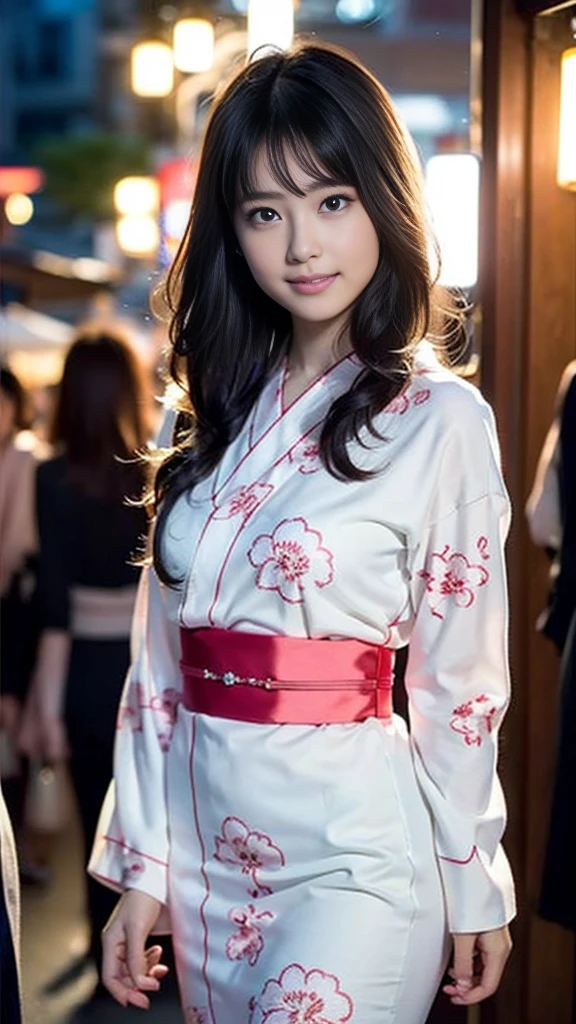 masterpiece, Highest quality,16K, Ultra-high resolution,The light and shadow of reality,((Enjoying a summer night festival in a long-sleeved pink floral yukata)),((The whole body is shown)),((Very skinny)),((Very slim and long beautiful thighs)),((Very slim and long beautiful calves)),((High nose、Small Mouth)),((Clean and slim face line)),((Big dark eyes with long eyelashes)),((Very small face))((Very slim and beautiful arms)),((She is very slim and has a great figure)),((Pure white beautiful skin)),((Cute Japanese Girls)),(Beautiful Eyes:1.1),Reflecting clear eyes and a gentle smile,