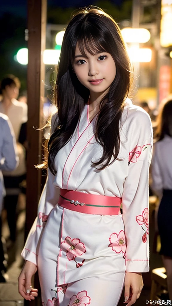 masterpiece, Highest quality，16K, Ultra-high resolution，The light and shadow of reality，((Enjoying a summer night festival in a long-sleeved pink floral yukata)),((The whole body is shown)),((Very skinny)),((Very slim and long beautiful thighs)),((Very slim and long beautiful calves)),((High nose、Small Mouth)),((Clean and slim face line)),((Big dark eyes with long eyelashes)),((Very small face))((Very slim and beautiful arms)),((She is very slim and has a great figure)),((Pure white beautiful skin)),((Cute Japanese Girls)),(Beautiful Eyes:1.1)，Reflecting clear eyes and a gentle smile,