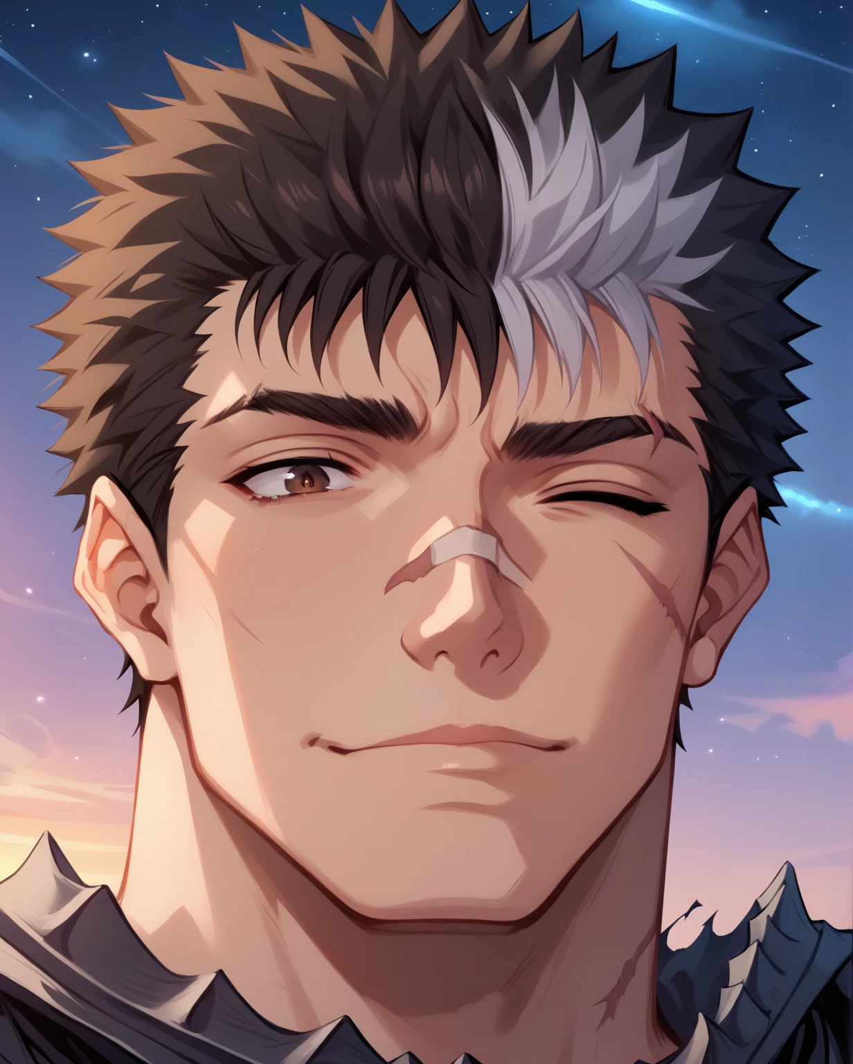 score_9, score_8_up, score_7_up, source anime, anime screencap, masterpiece, expressive eyes, perfect face, cinematic lighting, volumetric lighting, vivid colors, bloom, post processing, solo, solo focus, 1boy, close up, Guts_Armor, brown eyes, short hair, multicolored hair, spiked hair, black armor, shoulder armor, gauntlets, greaves, bandaged arm, black cape, torn cape, scar on nose, one eye closed, muscular male, melancholy, night sky, stars, calm, beautiful scenery, soft smile, sad happy, sad expression