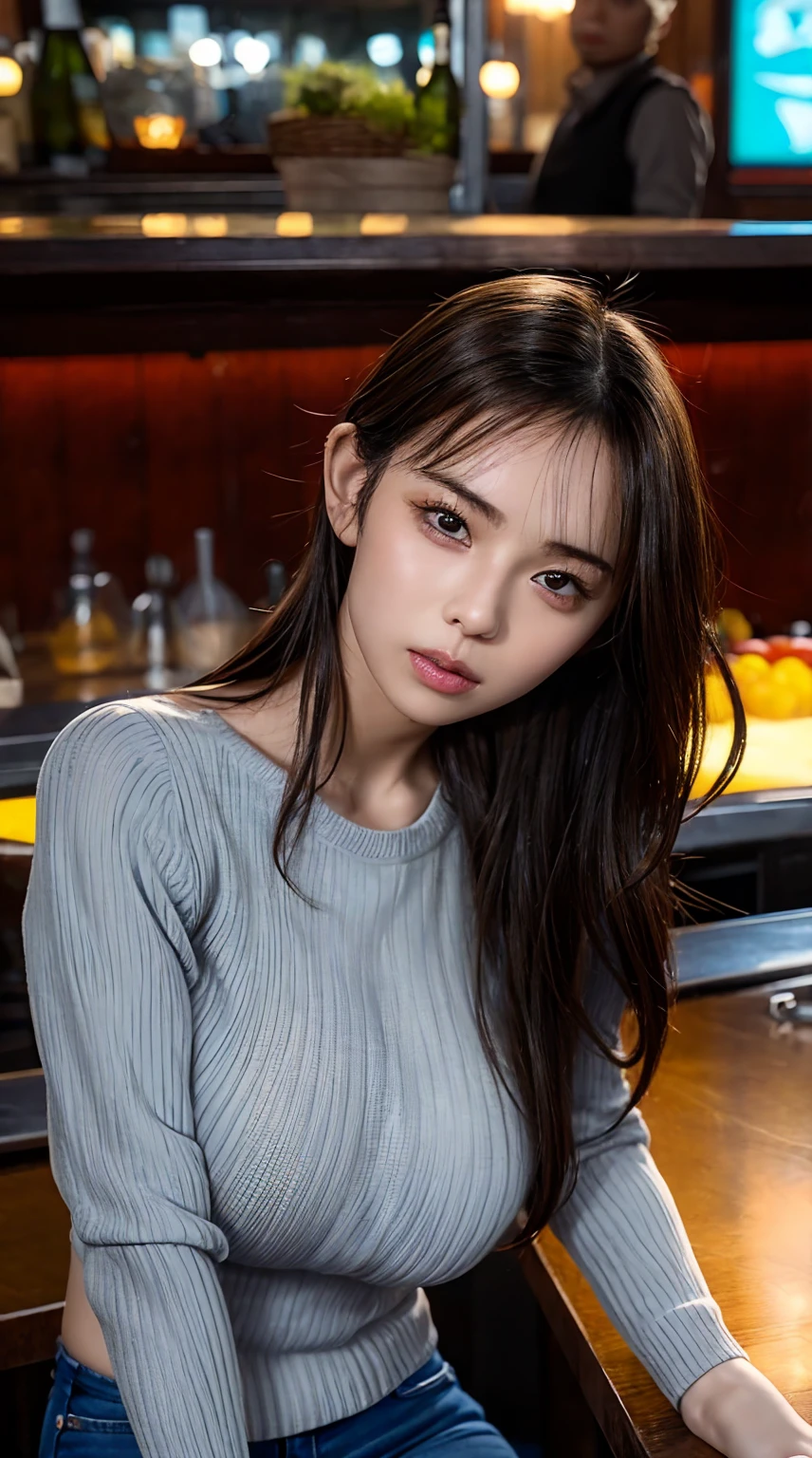 ((1girl)), in naked, instant camera flash, makeup with glossy lip, small breasts, (naked:1.4), various angle, ((face focus)), 26 years old, Beautiful Japanese Girl, (nsfw:1.4), realistic light, realistic skin tone, (spread legs:1.4), (in the bar:1.4)