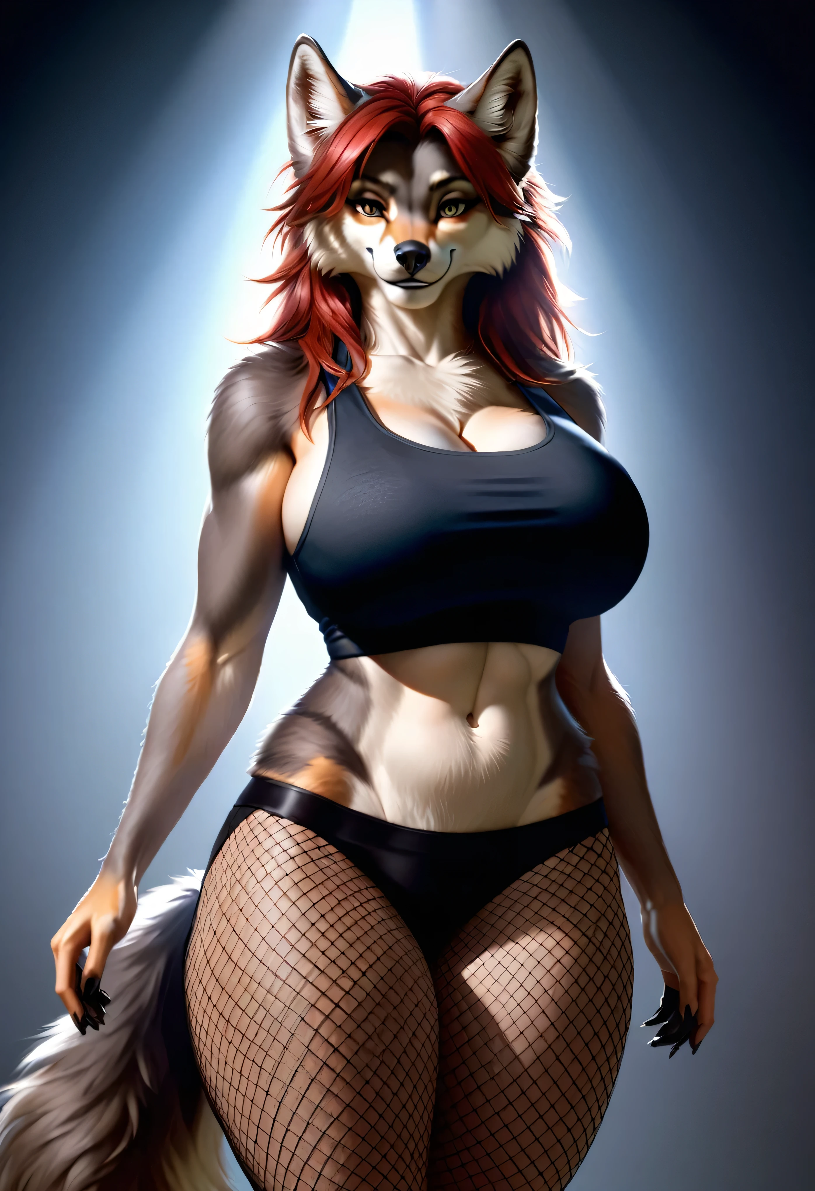(8k, RAW photo, best quality, masterpiece:1.2), (realistic, photo-realistic:1.37), ultra-detailed, ultra high res, by Cutesexyrobutts, mature female anthro wolf, MILF, looking at viewer, seductive smile, beautiful detailed eyes, (floating hair), (detailed clothes, alternative fasion, hotpants, fishnet leggings, tanktop), detailed fur, voluptuous, hourglass figure, large breasts, cinematic lighting, professional lighting