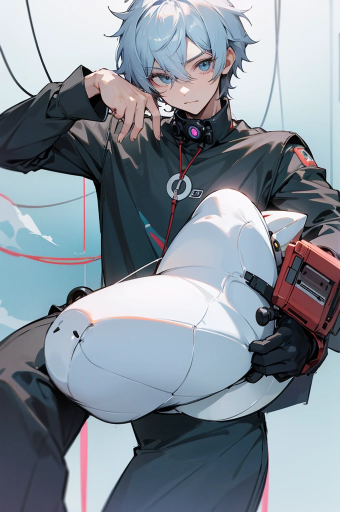 Male, protagonist, fake prostequte eye, machine in neck to make voice, prostecute arm and legs