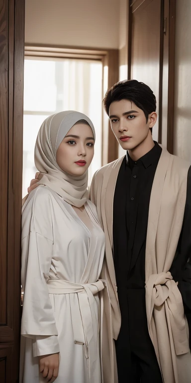 masutepiece, Best Quality, Illustration, Ultra-detailed, finely detail, hight resolution, 8K Wallpaper, Perfect dynamic composition, beautiful hijab girl muslim and her partner,married couple, handsome face, (girl's clothing): wearing a Muslim woman's robe and hijab,  (Men's clothing): wearing a black shirt