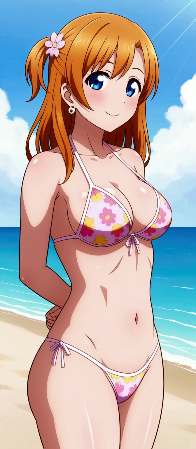 (Masterpiece, Best Quality, High Quality), professional artwork, well drawn, Intricate Details,solo,in beach ,
Kousaka honoka, afternoon
, ultra detail hair, ultra detail face, perfect eyes,  earring,  Looking at Viewer, pink bikini , floral printed, naked, thighs gap, orange hair , standing , sexy , arms behind back , blue eyes 