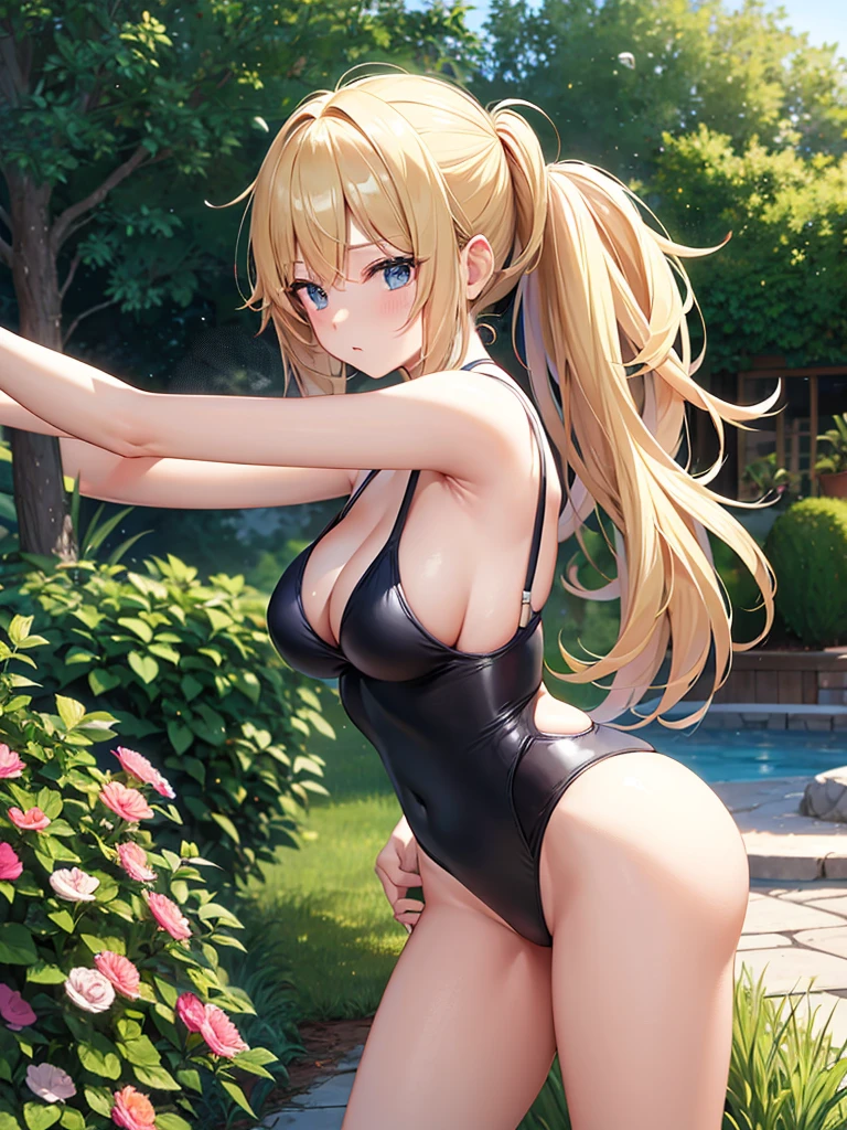 Thong Swimsuit　woman　Blonde　Stretching exercises　garden