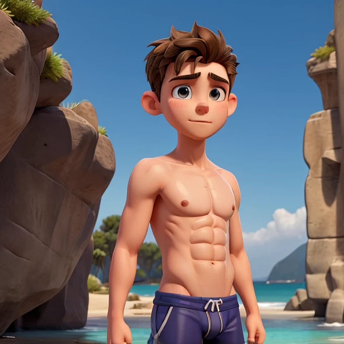 A thirteen year old boy, athletic, strong chest, erect nipples, pointy nipples, nipples with rings, big nipples, male, very beautiful, Whole body, thin and small bikini.
