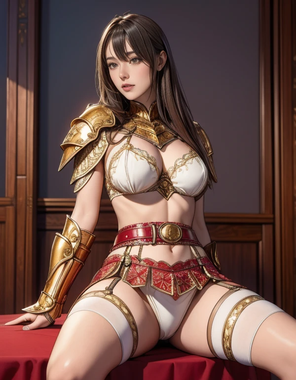 Movie Scenes, Fantasy art, Best image quality, Surreal Portraits,(8k),Ultra-realistic,最high quality ,high quality, High resolution, high qualityの質感,Attention to detail, beautiful, detailed, Extremely detailed CG,detailedなテクスチャ,Realistic facial expressions, masterpiece, in front,dynamic,bold,1 girl, One woman, Age 25, Light brown hair, Long Hair, Up Bang Hair, Floating Hair, Highly detailed skin,curve,,beautiful胸,Mid-chest),{最high quality}, {とてもbeautiful}, {Super detailed}, {最高のAn illustration}, masterpiece,{{{{{Skirt Lift:1.5}}}}},{{{{{Showing off her red panties:1.9}}}}},garter belt:1.2,((Holy Knight)), Smooth breastplate, ((Platinum Armor))、((((Extremely detailed and intricately decorated armor:1.1)))),Red Cowboy Shot,smooth udder、big 、(Golden Ratio,Tabletop, 最high quality, 最high quality, Official Art, beautifully、beautiful:1.2), Very detailed, colorful,最高のdetailed,An illustration, Great scene, Asheria Costume:1.5, Asheria Costume:1.5, mini skirt,Knee socks, Thighs, gem, Blue Belt,Belt number 1),Course of action, A look of contempt ,From below,Sitting:1.9,Spread your legs:1.9, Lift your legs:1.8,