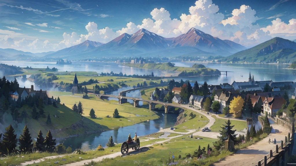 A medieval fantasy road along the river, where horse-drawn carriages and travelers come and go, a vast large forest spreads out on the other side of the river, grasslands spread out on the opposite bank, and mountains can be seen in the distance.
