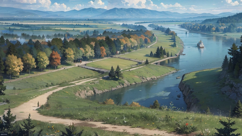 A medieval fantasy road along the river, where horse-drawn carriages and travelers come and go, a vast large forest spreads out on the other side of the river, grasslands spread out on the opposite bank, and mountains can be seen in the distance.