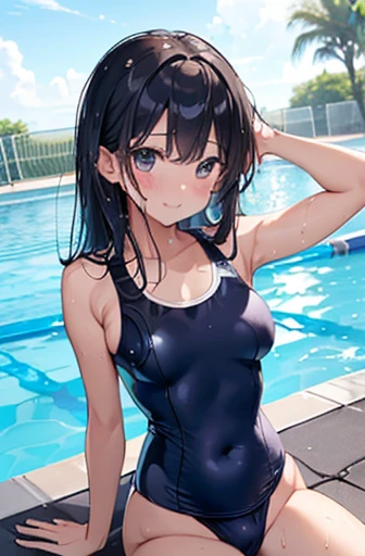 ((4K、8k、Highest quality、Perfect Fingers: 1.3、Perfect Anatomy: 1.3、Background Blur))、((、、small 、cute big droopy eyes、Straight Long Hair、Beautiful girls、Black Hair))、(((Navy blue school swimsuit:1.3)))、(((無地Navy blue school swimsuit:1.3)))、（(Dark blue one-piece swimsuit:1.3)）、(((Wet and shiny school swimsuit 1.3)))、((See-through school swimsuit))、((Wet))、Large Breasts、Long nipples、blush、(Smiling Kindly)、Glowing Skin、Super fatty muscle、細部にまでこだわったGlowing Skin、(Sweat)、((Large waist:1.3))、((Big Hips:1.1))、((Sexy waist)), ((Sexy Hips))、(Detailed description of the vagina)、Show me the vagina、Wet crotch、 My feet get wet、Full body angle、School poolside、