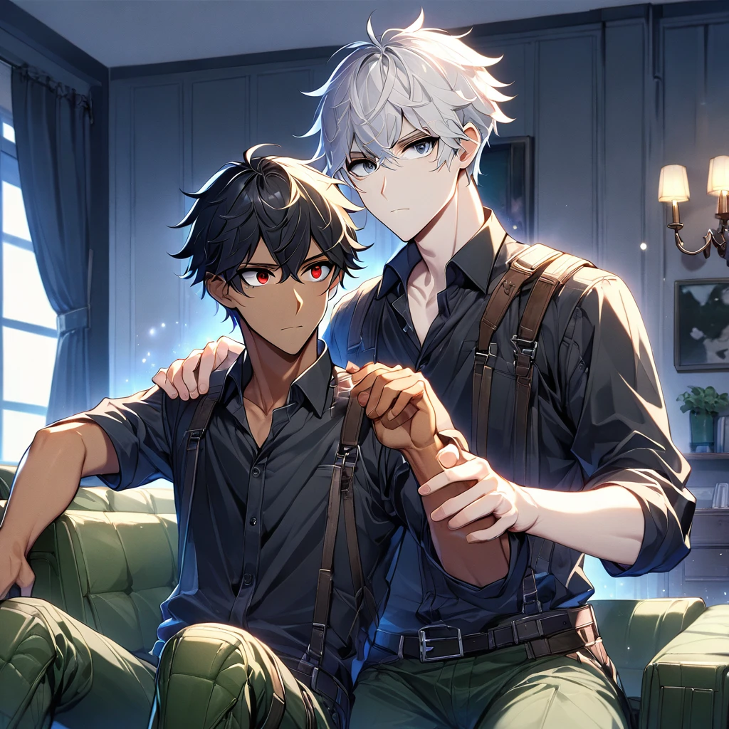 2 young men, focus man , Yaoi, pair, (human , short hair, black hair, light black eyes , tan skin), (human, white hair , red eyes ,bright white skin ) , The best aesthetics , best quality, Amazing quality, The best aesthetics ,The backdrop is the living room.,