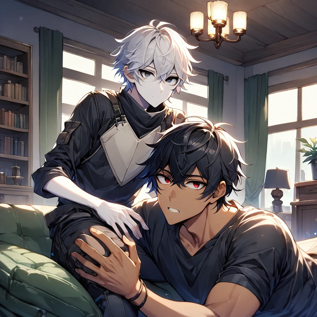 2 young men, focus man , Yaoi, pair, (human , short hair, black hair, light black eyes , tan skin), (human, white hair , red eyes ,bright white skin ) , The best aesthetics , best quality, Amazing quality, The best aesthetics ,The backdrop is the living room.,