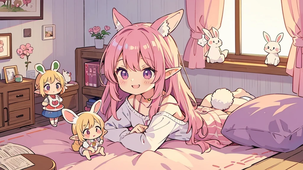 Rabbit Mimi、Chibi Elf Pink Room、Relaxing in a cute room、A big smile