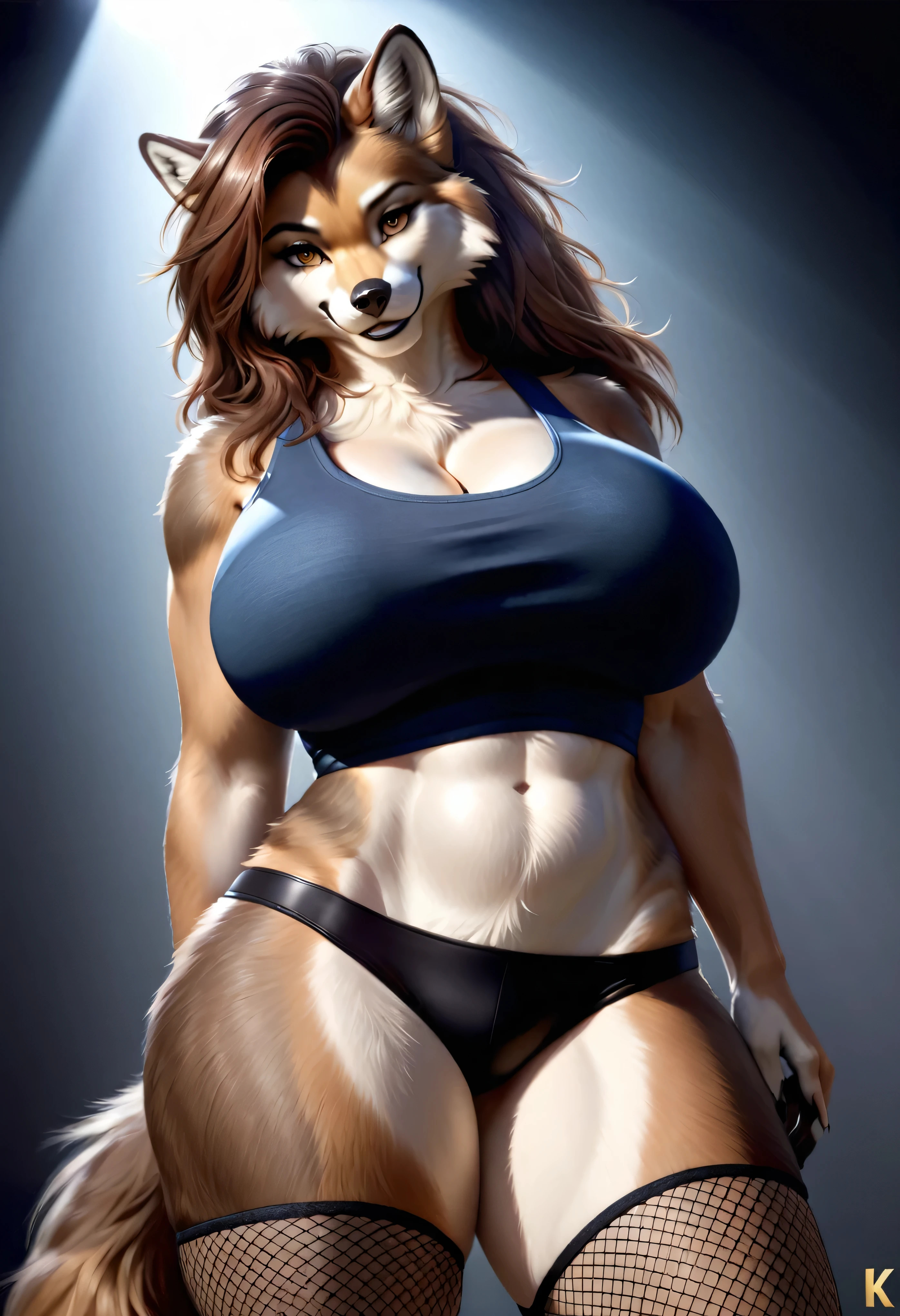 (8k, RAW photo, best quality, masterpiece:1.2), (realistic, photo-realistic:1.37), ultra-detailed, ultra high res, by Cutesexyrobutts, mature female anthro wolf, MILF, looking at viewer, seductive smile, beautiful detailed eyes, (floating hair), (detailed clothes, alternative fashion, denim hotpants, fishnet leggings, tanktop), detailed fur, voluptuous, hourglass figure, large breasts, cinematic lighting, professional lighting
