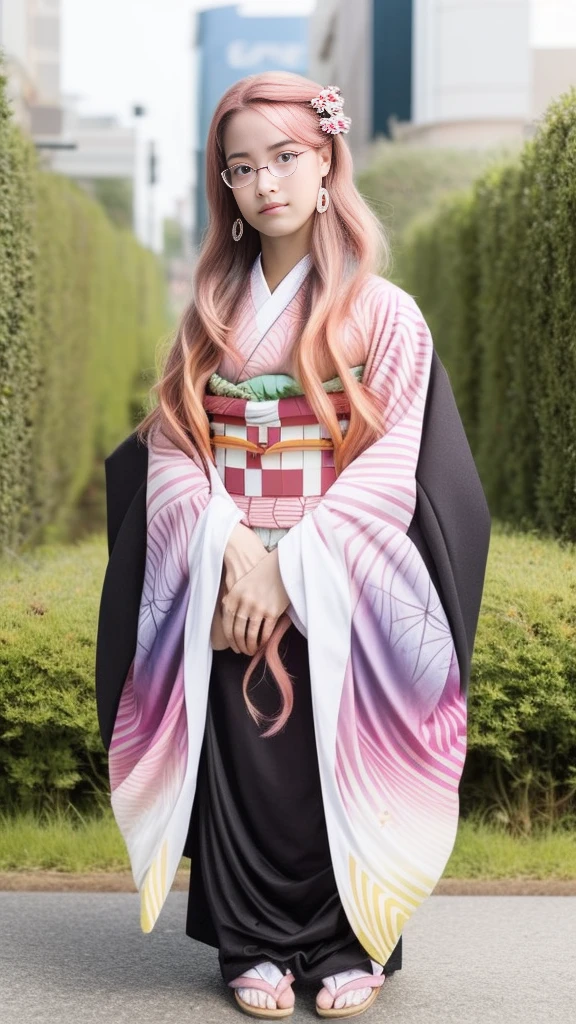 Cute Japanese woman, (16 years old), (very cute face), white moisturized skin, looking at the camera, melancholy expression, (glasses: 1.4),
BREAK,
Idol,
BREAK,
(wearing cute kimono: 1.3), (kimono with high exposure), very large earrings, short length,
BREAK,
(long hair), (pink hair: 1.4), (wavy hair), (gradient hair: 1.3), (hair with red ends),
BREAK,
(realistic: 1.3), masterpiece, perfect lighting, (ultra-high resolution), (8K), (highly detailed: 1.4), (from the front), (full body: 1.4), (symmetrical: 1.2), (one shot),
BREAK,
(Shibuya city in Japan: 1.2),
BREAK,
(Demon Slayer: 1.4),
BREAK,
(Hirose Suzu: 1.4),