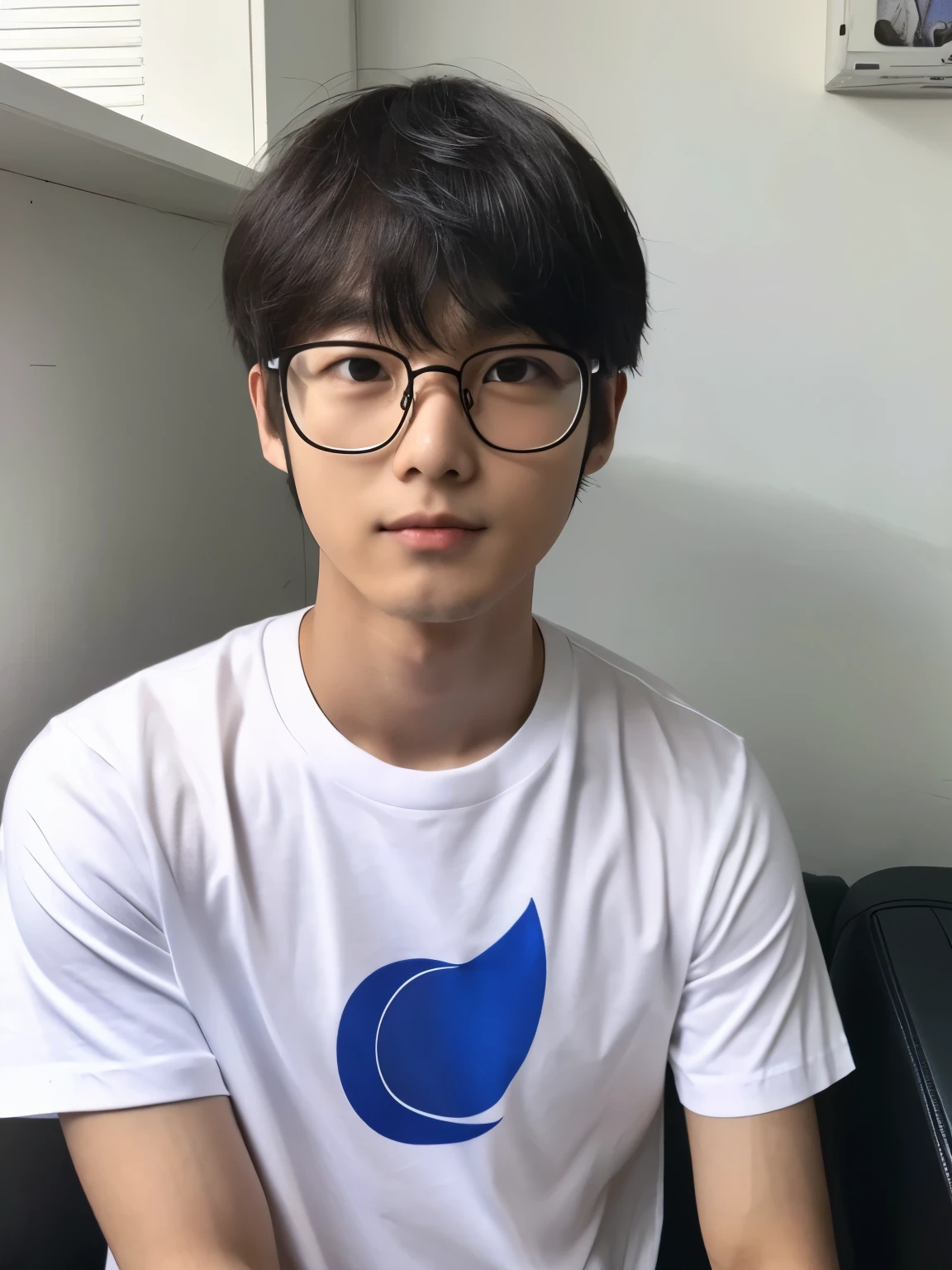 Photo of man, korean man, 20years old, short hair, white T-shirts, upper shot, dark skin, (((nerdy)))