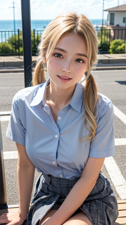 Plump Voluptuous (masterpiece:1.3, Highest quality, Ultra-high resolution, Very detailed), (Realistic:1.1, photoRealistic:1.4), Beautiful illustrations, Perfect lighting, colorful, Written boundary depth, Beautiful detailsまでこだわった髪, Beautifully detailed face, Beautiful details, Beautiful clavicle, Beautiful body, Beautiful breasts, Beautiful thighs, Beautiful legs, Beautiful fingers, View your audience, 1 girl, Japanese, high school girl, Perfect Face, (Perfect Anatomy, Anatomically correct), Cute and symmetrical face, Baby Face, Sunburn, Glowing Skin, (Mid-length hair:1.5, Twin tails:1.2, blonde), Asymmetrical bangs, blue eyes, Long eyelashes, (Mid-chest), thin, ((Collared short-sleeved shirt, Light blue shirt, , Grey plaid pleated skirt, To the Navy)), No pants, (Beautiful views), evening, (Outdoor, distant cityscape), Are standing, (peace sign), (Cute Smile, 鬠红、Upward glance, Open your mouth), (Open Girl'Cat:1.3), hour々squat:1.2,Put your finger in your pussy:1.5,((A large amount of pee is sprayed from the vagina)),((((Very few, Young face and breasts)))),(Cleavage:1.1),(Very small and flat chest:1.2),