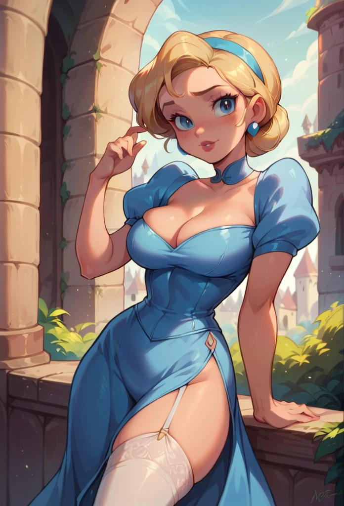 Cinderella , big , garter belt, deep cleavage, long blue gown slit on the side showing her thighs, standing on a castle hall, blonde hair, Disney