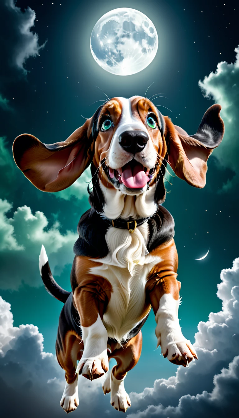 (masterpiece; best quality, highres, 8k, ultra detailed) score_9, score_8_up, score_7_up, cute basset hound, long ears, wavy ears, curious happy, looking down, blue-green eyes, black-brown fur, portrait, photoshoot, (BREAK) a bone in his mouth, flying to the moon, dark night, dark clouds, flying stance(flying:1.6) below view, side view, fantasy art, epic scenery, UHD, dramatic photoart, digitally manipulated, cinematic motion.