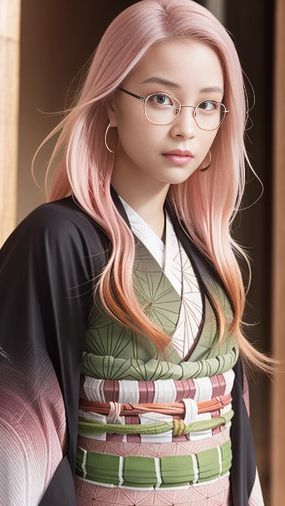 Cute Japanese woman, (), (very cute face), white moisturized skin, looking at the camera, melancholy expression, (glasses: 1.4),
BREAK,
Idol,
BREAK,
(wearing cute kimono: 1.3), (kimono with high exposure), very large earrings, short length,
BREAK,
(long hair), (pink hair: 1.4), (wavy hair), (gradient hair: 1.3), (hair with red ends),
BREAK,
(realistic: 1.3), masterpiece, perfect lighting, (ultra-high resolution), (8K), (highly detailed: 1.4), (from the front), (full body: 1.4), (symmetrical: 1.2), (one shot),
BREAK,
(Shibuya city in Japan: 1.2),
BREAK,
(Demon Slayer: 1.4),
BREAK,
(Hirose Suzu: 1.4),