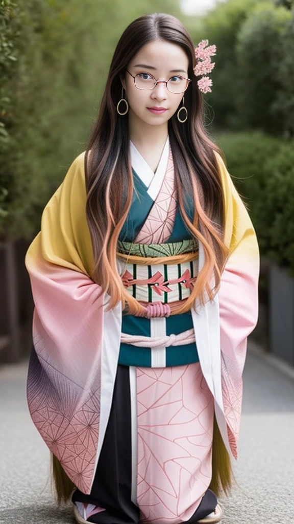 Cute Japanese woman, (16 years old), (very cute face), white moisturized skin, looking at the camera, melancholy expression, (glasses: 1.4),
BREAK,
Idol,
BREAK,
(wearing cute kimono: 1.3), (kimono with high exposure), very large earrings, short length,
BREAK,
(long hair), (pink hair: 1.4), (wavy hair), (gradient hair: 1.3), (hair with red ends),
BREAK,
(realistic: 1.3), masterpiece, perfect lighting, (ultra-high resolution), (8K), (highly detailed: 1.4), (from the front), (full body: 1.4), (symmetrical: 1.2), (one shot),
BREAK,
(Shibuya city in Japan: 1.2),
BREAK,
(Demon Slayer: 1.4),
BREAK,
(Hirose Suzu: 1.4),