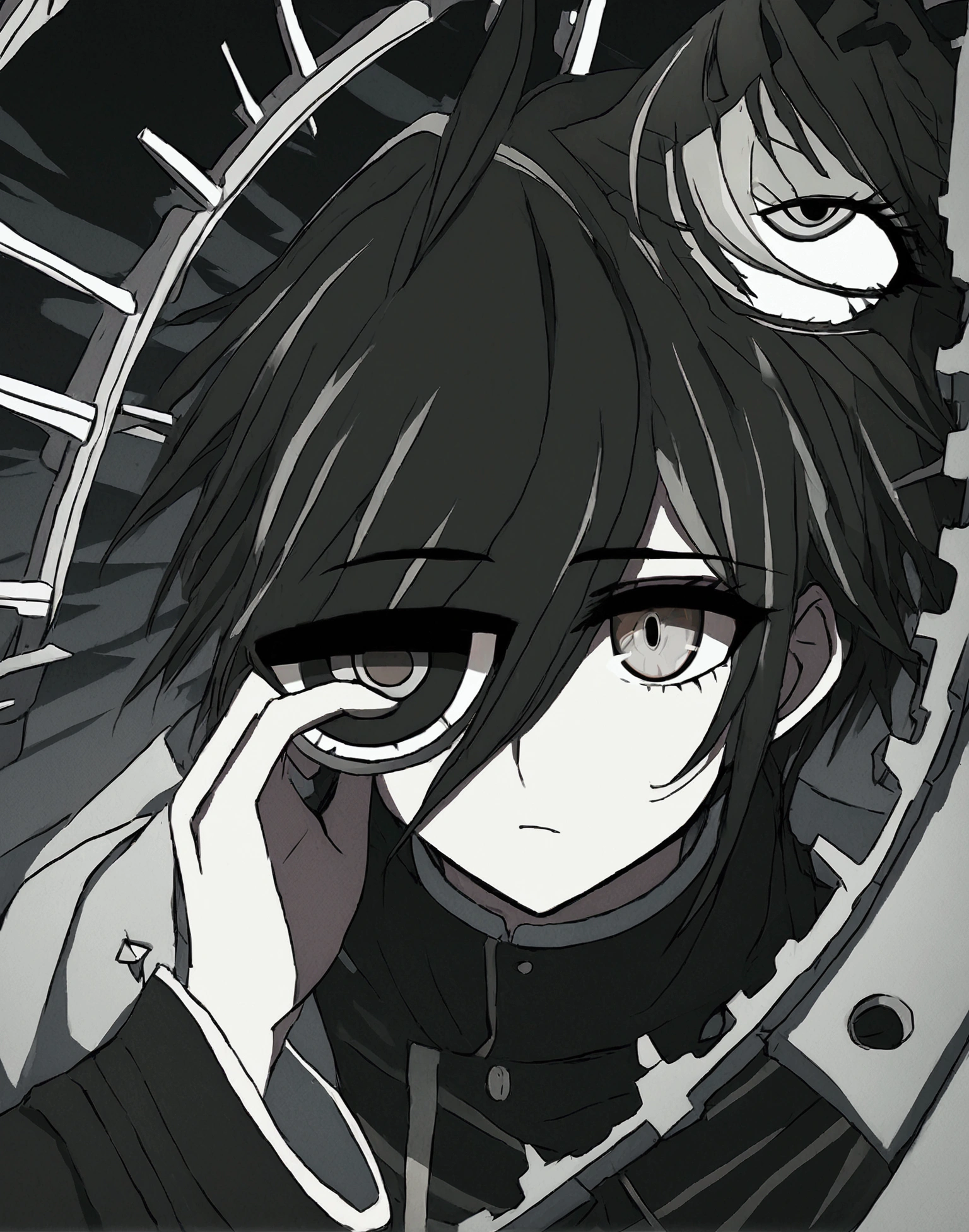 Anime male, black blank eye iris, black grey hair, black clothing, careless cold-hearted expression, tired eyes, best quality, godlike glitchcore eye, male eyes, same eye color, black jacket, white winter cloak, beautiful, glitchy aura, same eye shape, perfect eye positioning, chronomatic, white and black, glitchcore art, white gear works, white gears, clockwork, white and black time aura, one eye black glitchy cubes covering the eye, black eye color and white eye color, godlike, white glow, eyes having the same eye color