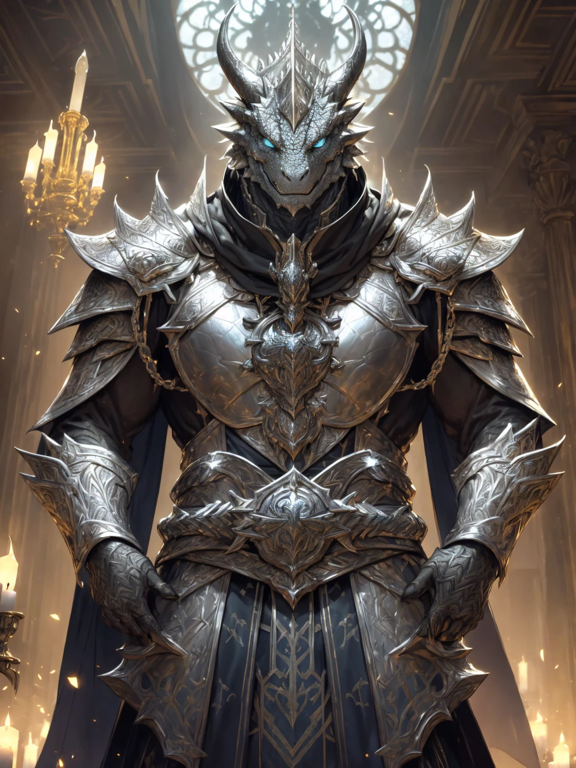 (silver dragonborn, male, golden horns, solo portrait, stoic pose, holding a book, silver scales, scales, reptilian face, blue eyes) tail, buff, black and silver armor, black and silver chest armor, black and silver gauntlets, black and silver pauldrons, dark blue cloak, dark blue robes, inside, close-up, standing inside, good lighting, candles in back ground, in temple ((masterpiece, best quality)), art by greg rutkowski