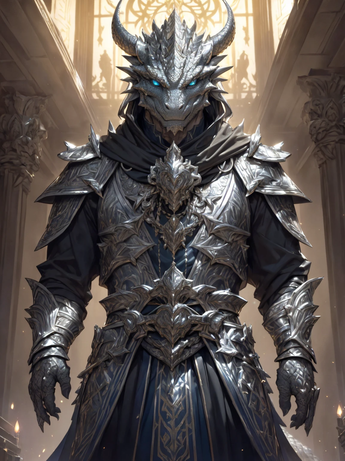 (silver dragonborn, male, golden horns, solo portrait, stoic pose, holding a book, silver scales, scales, reptilian face, blue eyes) tail, buff, black and silver armor, black and silver chest armor, black and silver gauntlets, black and silver pauldrons, dark blue cloak, dark blue robes, inside, close-up, standing inside, good lighting, candles in back ground, in temple ((masterpiece, best quality)), art by greg rutkowski
