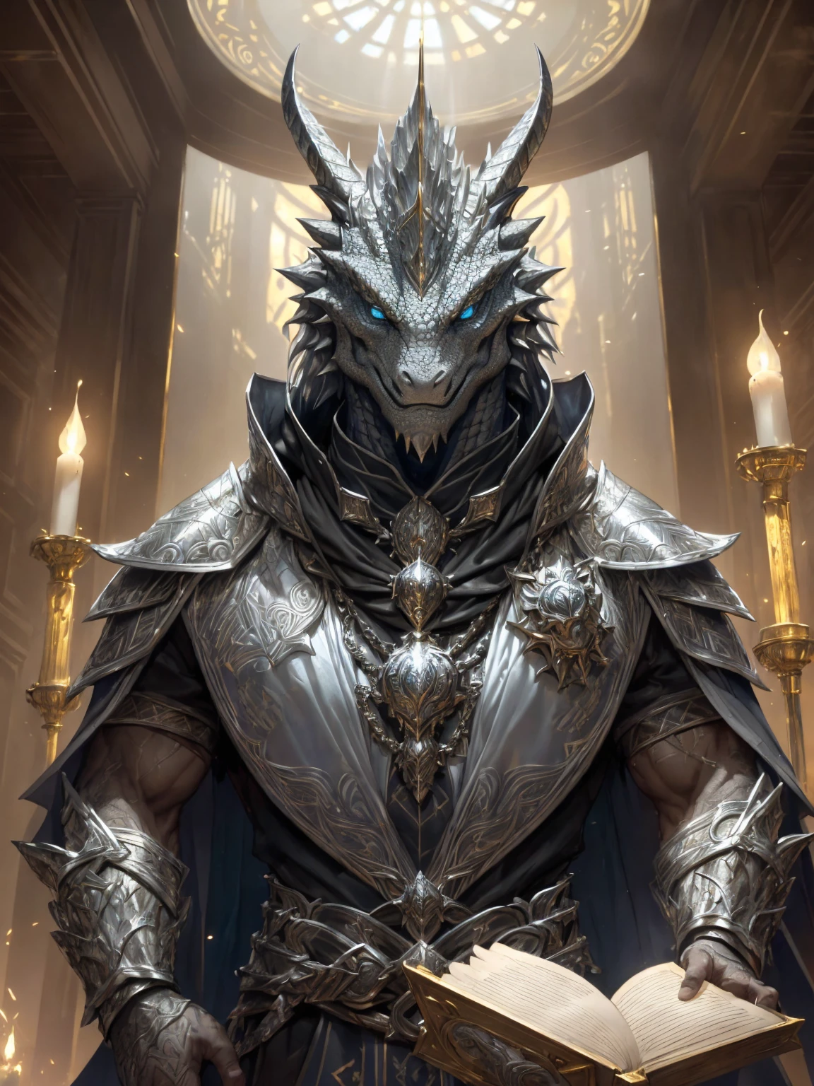 (silver dragonborn, male, golden horns, solo portrait, stoic pose, holding a book, silver scales, scales, reptilian face, blue eyes) tail, buff, black and silver armor, black and silver chest armor, black and silver gauntlets, black and silver pauldrons, dark blue cloak, dark blue robes, inside, close-up, standing inside, good lighting, candles in back ground, in temple ((masterpiece, best quality)), art by greg rutkowski