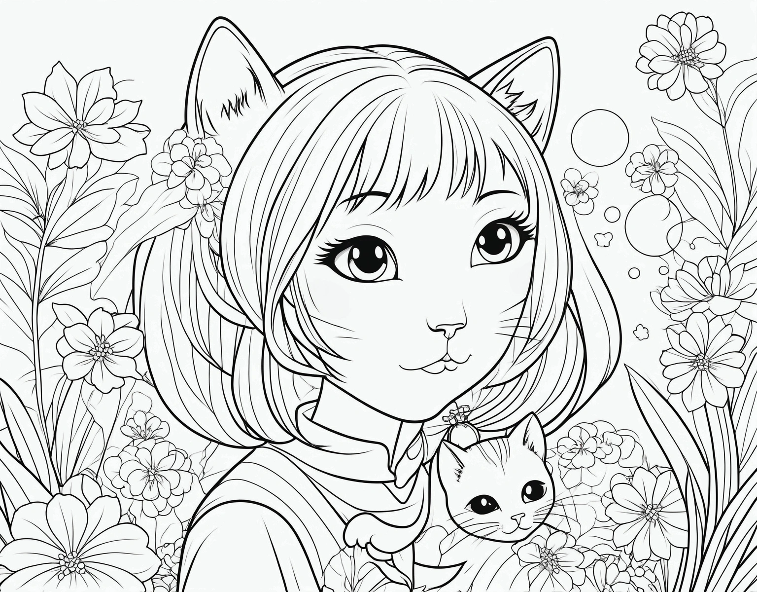 ,simple background, Japanese girl , kawaii, vibrant colors, A printable black and white coloring page featuring cats, clean line art, The line is quite simplified.