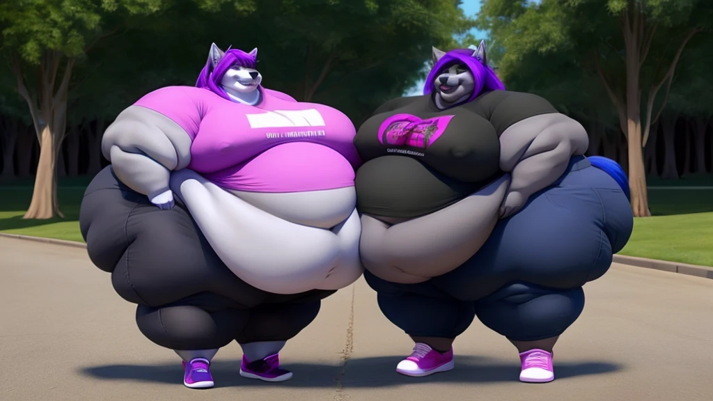 A gorgeous extremely morbidly obese female grey wolf , long purple hair , huge belly , huge breasts, huge body,huge thighs , double chin, chubby cheeks duo, pants, t-shirt , shoes (masterpiece, best quality, 8k)