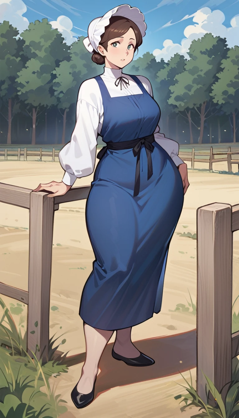 adult amish woman, 40 years old, pale skin, long sleeved blue dress, small black apron over her  blue dress, full body shown, very short brown hair in a conservative sleek bun, white bonnet kapp, wide hips, thick thighs, wearing simple black flats, thick legs, right below the knee dress, slight face wrinkles, tight sleeves, standing upright in a farm field, no makeup, round face