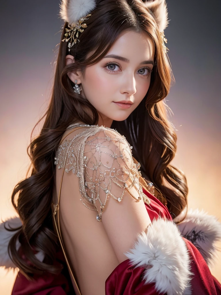 A stunning portrait of Anna Dittman-like beauty, dressed in a fitted red and white dress with fur trim, wide sleeves, and gloves, set against a darker bokeh background. Her long ash-brown hair cascades down her back as she gazes directly at the viewer with a captivating smile (1, 4). Her realistic violet eyes sparkle with intrigue. The focus is sharp, highlighting the intricate details of her outfit, from the delicate patterns to the subtle texture of the fur trim. A stunning example of hyper-detailed close-up photography.