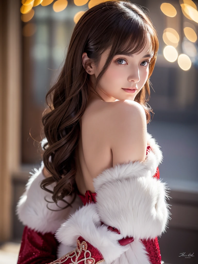 A stunning portrait of Anna Dittman-like beauty, dressed in a fitted red and white dress with fur trim, wide sleeves, and gloves, set against a darker bokeh background. Her long ash-brown hair cascades down her back as she gazes directly at the viewer with a captivating smile (1, 4). Her realistic violet eyes sparkle with intrigue. The focus is sharp, highlighting the intricate details of her outfit, from the delicate patterns to the subtle texture of the fur trim. A stunning example of hyper-detailed close-up photography.