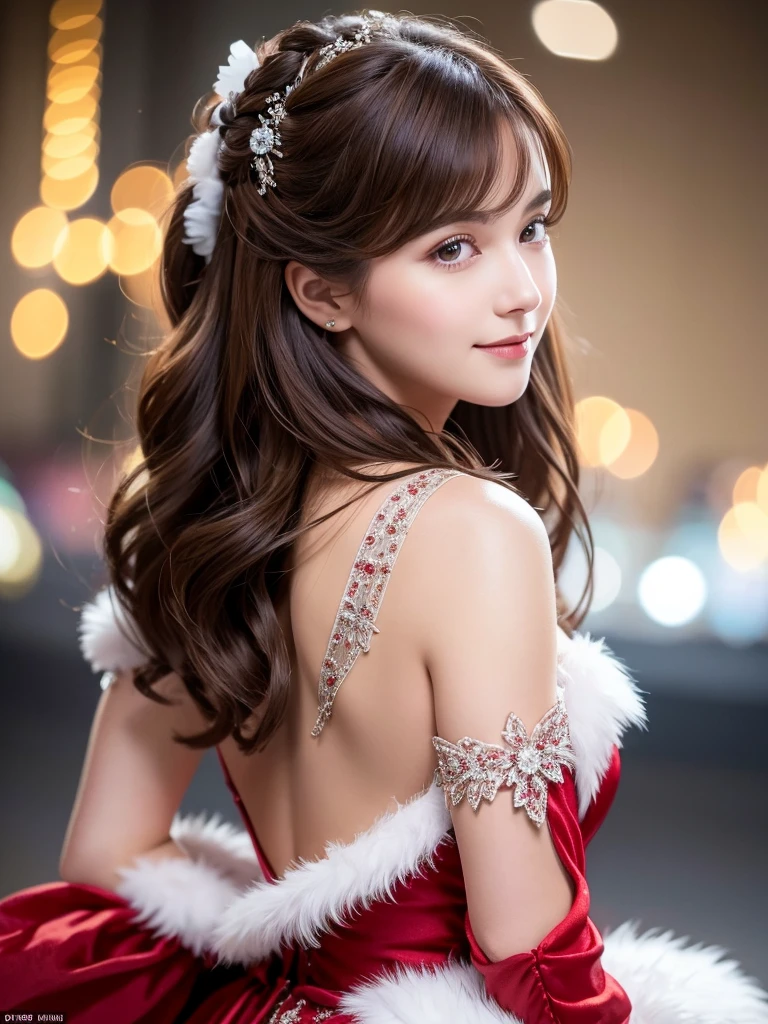 A stunning portrait of Anna Dittman-like beauty, dressed in a fitted red and white dress with fur trim, wide sleeves, and gloves, set against a darker bokeh background. Her long ash-brown hair cascades down her back as she gazes directly at the viewer with a captivating smile (1, 4). Her realistic violet eyes sparkle with intrigue. The focus is sharp, highlighting the intricate details of her outfit, from the delicate patterns to the subtle texture of the fur trim. A stunning example of hyper-detailed close-up photography.