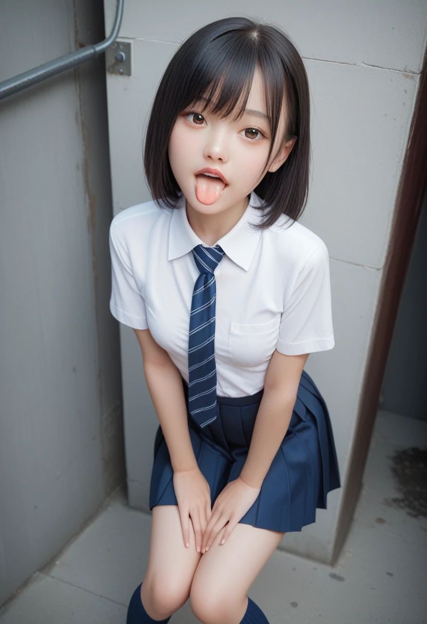 ,collared shirt,Short sleeve,pleated skirt,tie,Navy blue socks,(open mouth:1.5),(tongue out:2),Alley,stand,Hands between legs,front view,cowboy shot,from above(1girl,Beautiful 14 year old girl,teenager),((Slender,Small breasts,Small face,)),(looking at viewer),Black Hair,bangs,straight,Beautiful and detailed