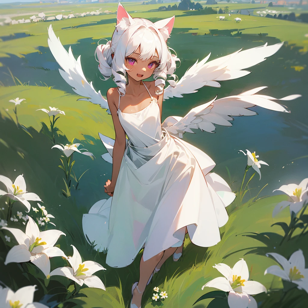 ((One girl)), (Standing diagonally facing forward:1.2), 7 , (Slightly bulging breast), (Healthy peach-colored skin:1.2), smiling, 
BREAK
White cat ears, inside the ears the color of paw pads,
BREAK
(Pure white hair:1.6), (Soft, inward-curling pure white hair:1.6), (Medium-length hair:1.6), (The hair under the cat ears behind the side hair flows forward and curls strongly on the collarbone: 1.6), (The hair in the back is strongly curled and reaches above the shoulders:1.6), (Hair is left down, not tied up:1.3), (Hair is at the shoulders: 1.6), 
BREAK
(Pure white wings on the upper body:1.2), (Straight wings:1.3), (Small wings:1.6),
BREAK
(Simple dress made entirely of white:1.3), (Dress with slightly exposed shoulders:1.1), (Upper half of the torso of the dress fits tightly to the body up to the waist:1.3), (Lots of fabric from the waist down, gathers and separates from the body:1.4), (Dress is long enough to cover the thighs:1.6), (Dress skirt hangs down to the knees:1.6), No decoration on the dress, no petticoat or white,
BREAK
(Yellow-green grassland:1.6), (Lots of white flowers:1.6), (Clear blue sky:1.4)