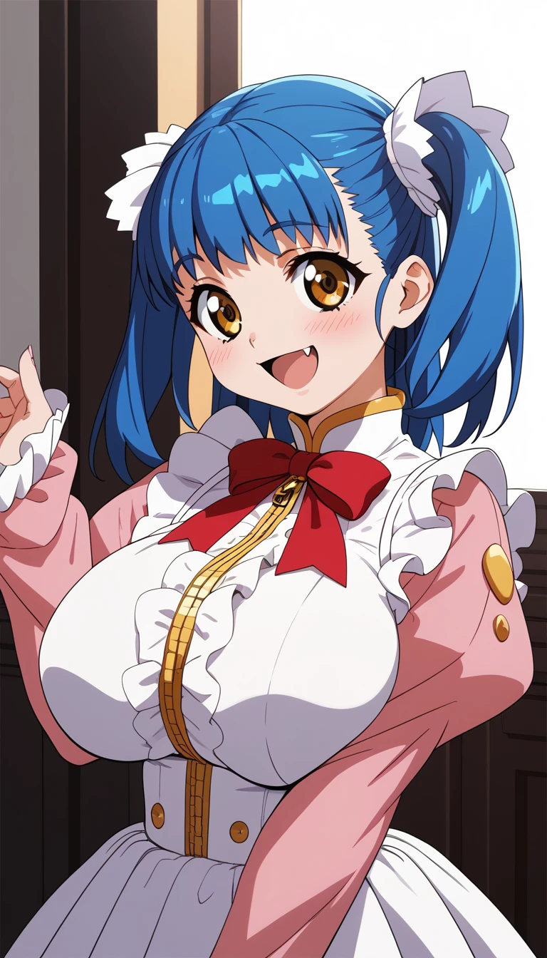 (Tuile(gravion),huge breasts,blue hair,yerrow eyes,twintail,two side up),(tuck out shirt,white shirt,red waist ribbon,gold zipper,white frill,red ribbon,white edge pink mini skirt,Pink sleeves,Pink Shoes、White socks:1),official art,smile,blush,open mouth,fang