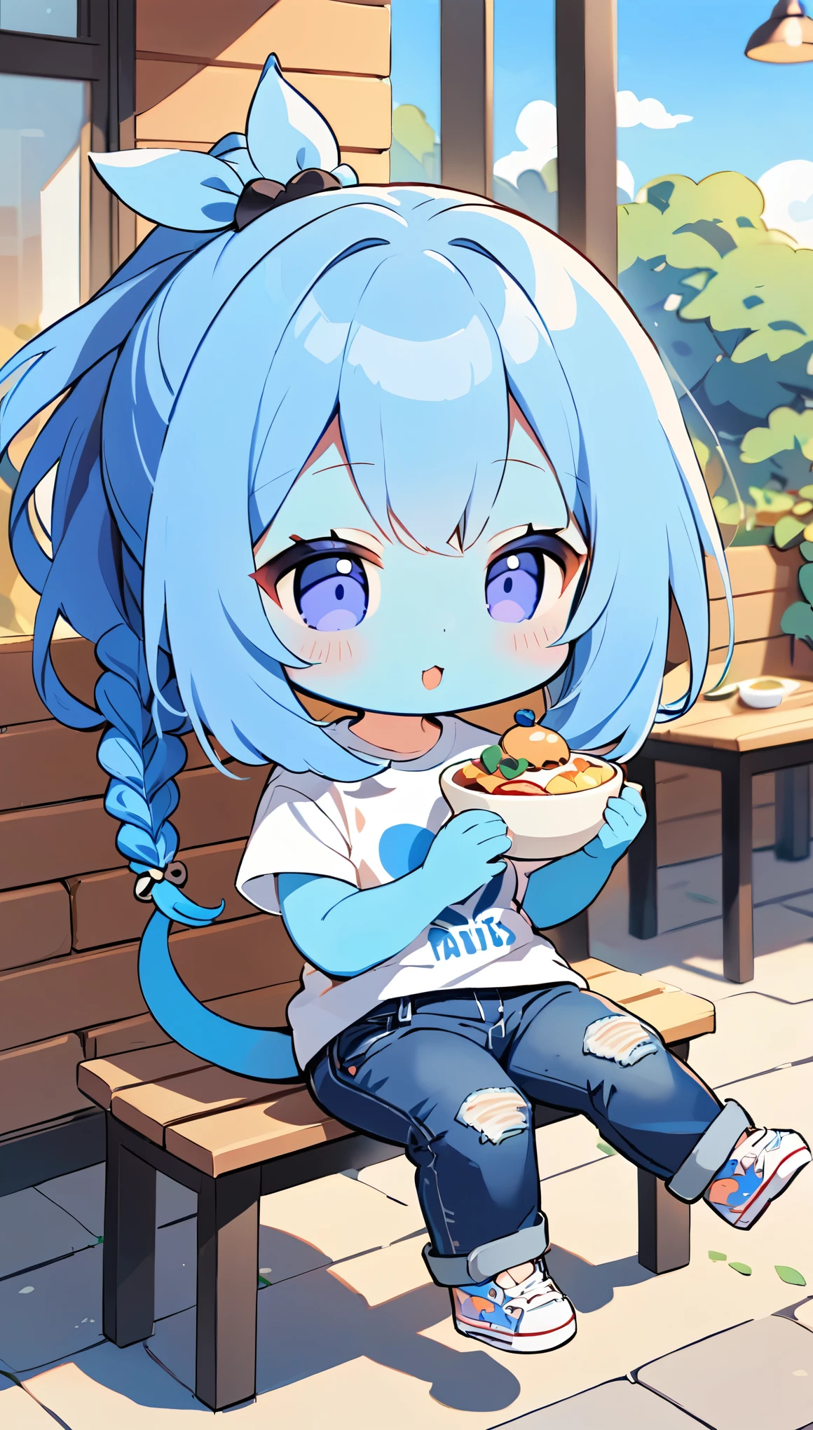 (alien woman,Blue Skin,Dreadlocks,Cute tail,Pop T-shirt,jeans),Having lunch,(looks fun),(chibi),(Chibi Character)