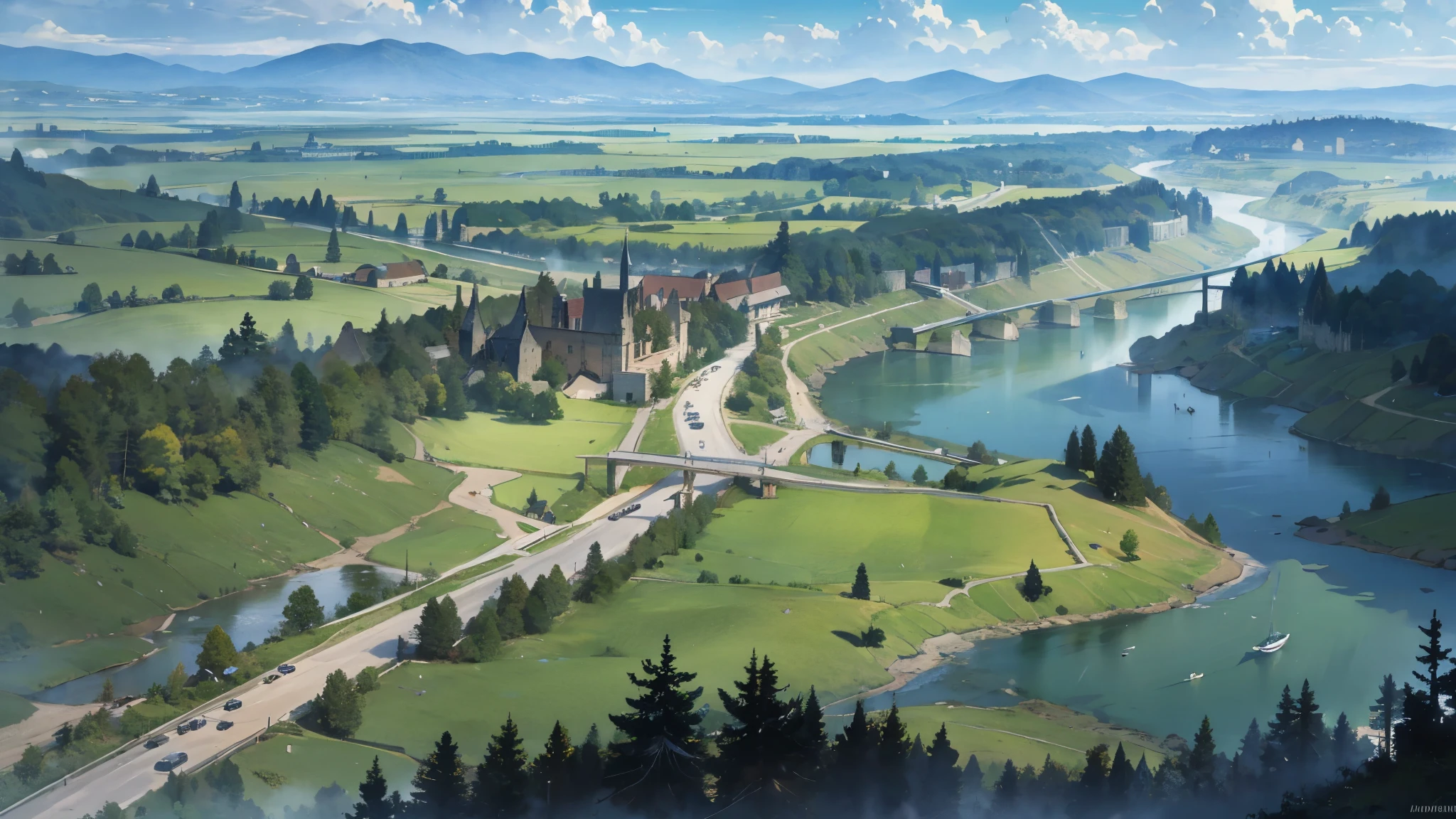 A medieval fantasy road along the river, where horse-drawn carriages and travelers come and go, a vast large forest spreads out on the other side of the river, grasslands spread out on the opposite bank, and mountains can be seen in the distance.