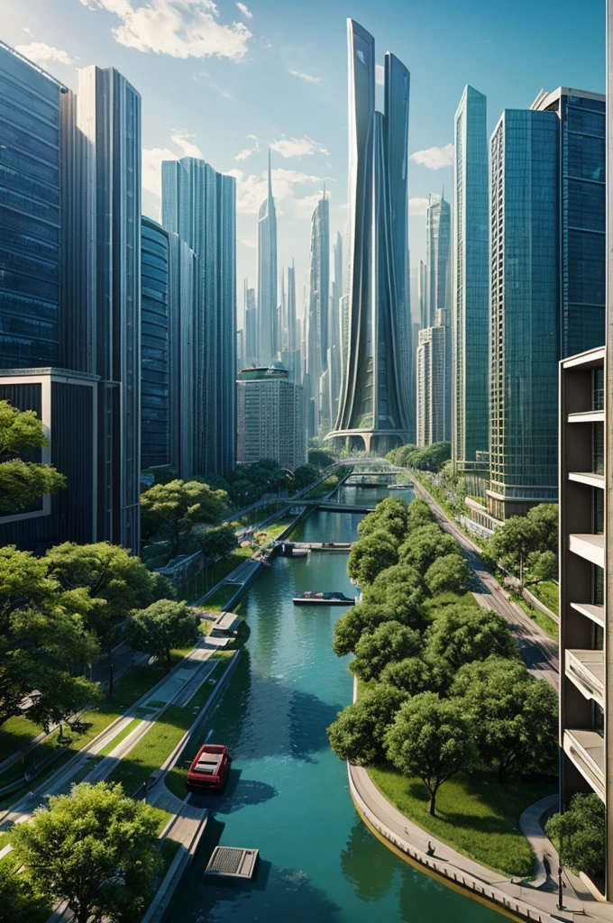 Create an image depicting the impact of movies on the environment. Show a futuristic cityscape influenced by movie aesthetics, with elements of sustainability and green technology integrated into urban infrastructure. Include symbolic representations of cinematic themes like futuristic architecture, renewable energy sources, and harmonious coexistence with nature."