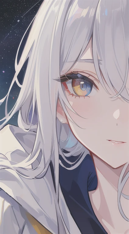 (A close-up of a masterpiece:1.5)0.9], (Space and astronauts:1.2) (Disheveled silver hair:1.1) (Heterochromia yellow eyes and blue eyes:1.2) (Space Helmet:1.0) (Colored stars in my eyes:1.0) (Shining Light:1.1) (Big Lips:0.9)