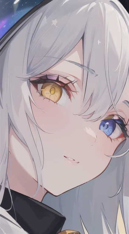 (A close-up of a masterpiece:1.5)0.9], (Space and astronauts:1.2) (Disheveled silver hair:1.1) (Heterochromia yellow eyes and blue eyes:1.2) (Space Helmet:1.0) (Colored stars in my eyes:1.0) (Shining Light:1.1) (Big Lips:0.9)