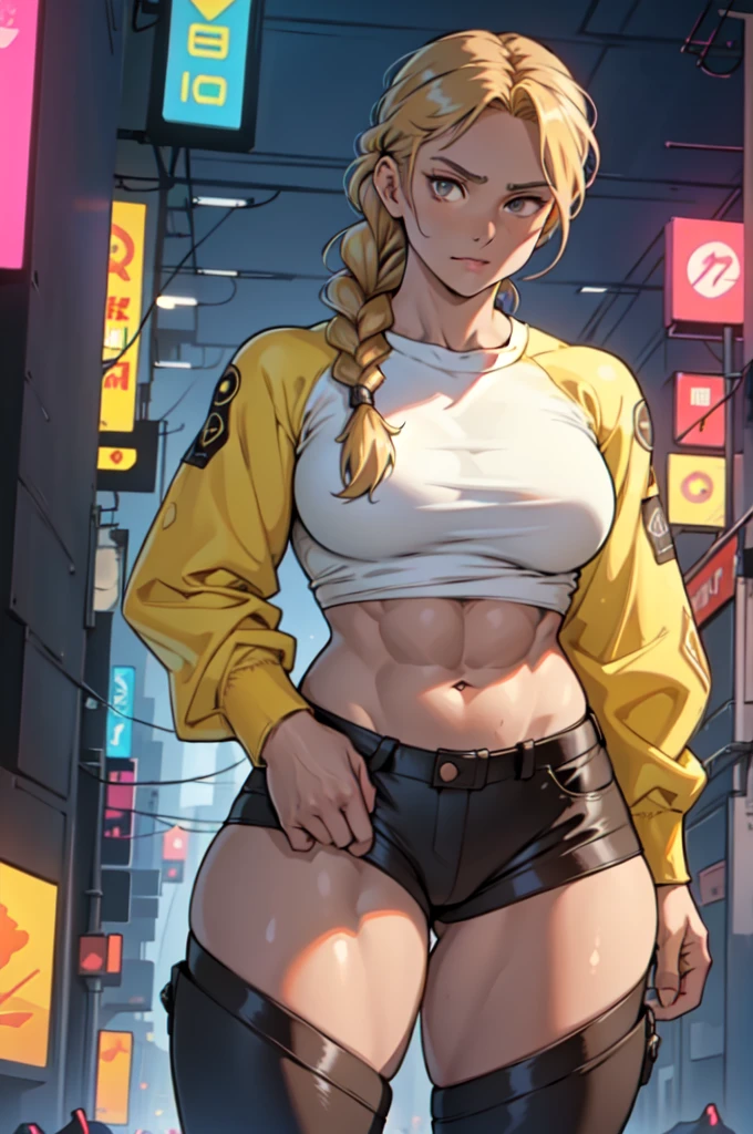 girl ((((muscular 1girl)))) ((((thick thighs toned body)))) (caramel skin) blonde hair, beautiful brown eyes, very long hair, long sleeve tight t-shirt, tight pants (french braid), intense stare, seductive, cyberpunk setting,
