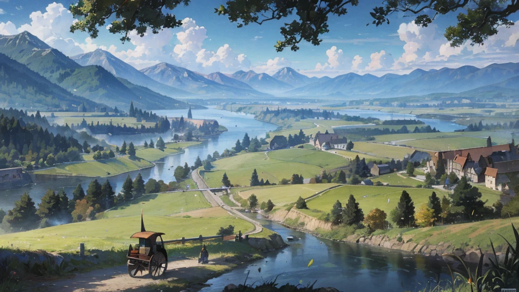 A medieval fantasy road along the river, where horse-drawn carriages and travelers come and go, a vast large forest spreads out on the other side of the river, grasslands spread out on the opposite bank, and mountains can be seen in the distance.