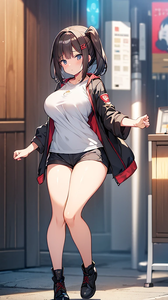 Full body image, front, One girl, 18-year-old, Mix 4, (32K, RAW Photos, Highest quality, masterpiece:1.2), (Anime-like, photoAnime-like:1.37), cute, カジュアルウエア, Short sleeve T-shirt,Shorts,Black knee socks, night, rain, Humidity, Professional Lighting, Photon Mapping, Radio City, Physically Based Rendering, Super Resolution, (Big Breasts:1.2), {{The biological weapon that had preyed on the younger sister took her place and reunited with the older brother, The rebellious little sister has become the obedient little sister}}, Girl Skull, whole body, NSFW