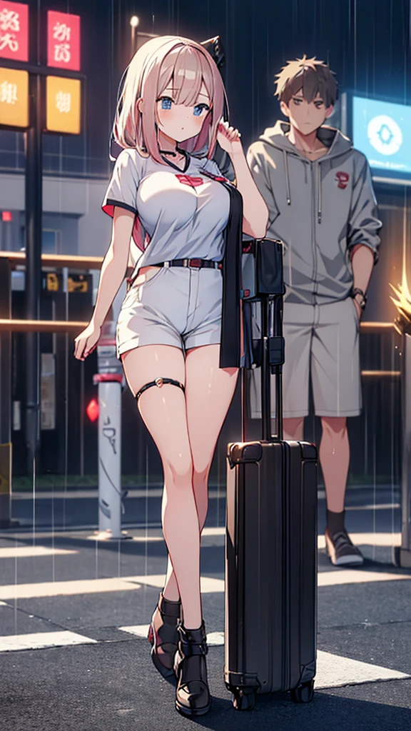 Full body image, front, One girl, 18-year-old, Mix 4, (32K, RAW Photos, Highest quality, masterpiece:1.2), (Anime-like, photoAnime-like:1.37), cute, カジュアルウエア, Short sleeve T-shirt,Shorts,Black knee socks, night, rain, Humidity, Professional Lighting, Photon Mapping, Radio City, Physically Based Rendering, Super Resolution, (Big Breasts:1.2), {{The biological weapon that had preyed on the younger sister took her place and reunited with the older brother, The rebellious little sister has become the obedient little sister}}, Girl Skull, whole body, NSFW