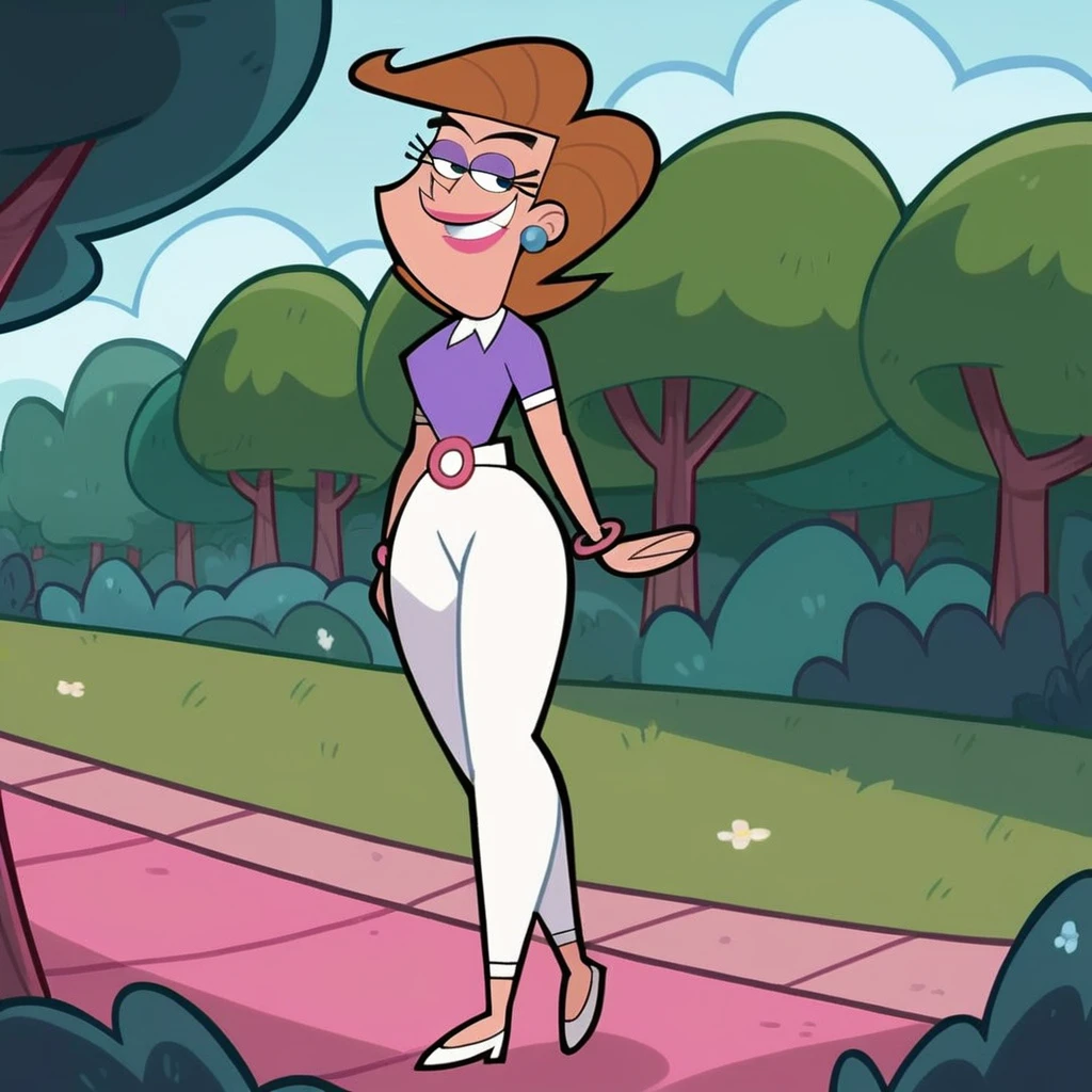 score_9, score_8_up, score_7_up, score_6_up, score_5_up, score_4_up, (Source the fairly oddparents), (rating safe), 1girl, solo, mrs. turner, eyeshadow, outside, walking, brown hair, short hair, white pants, purple shirt, smile, trees, grass,