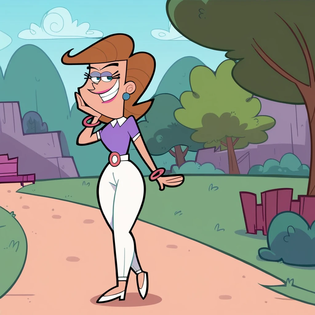 score_9, score_8_up, score_7_up, score_6_up, score_5_up, score_4_up, (Source the fairly oddparents), (rating safe), 1girl, solo, mrs. turner, eyeshadow, outside, walking, brown hair, short hair, white pants, purple shirt, smile, trees, grass,